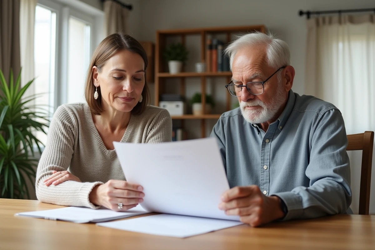 Une femme d'âge moyen et un homme âgé discutent de documents