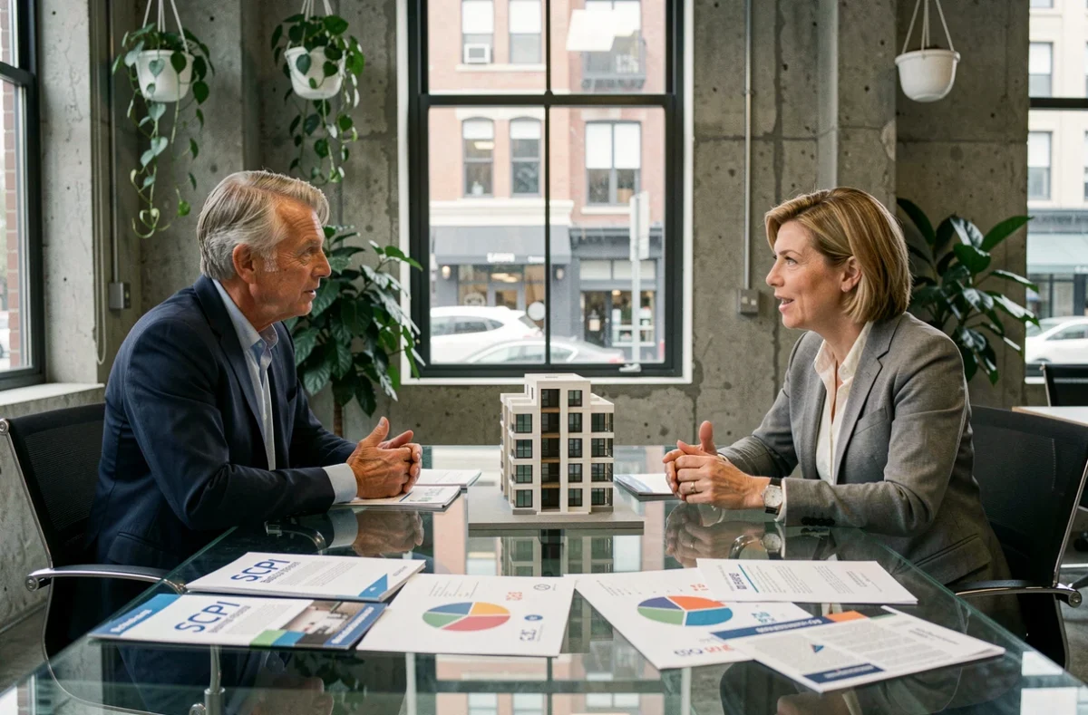 Deux professionnels discutant des avantages fiscaux des SCPI autour d'une table en verre avec brochures et graphiques immobiliers