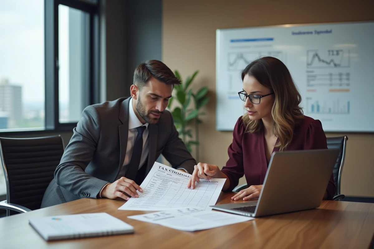 Deux professionnels de la finance collaborant sur un tableau de bord fiscal et les échéances d'acompte IS en salle de réunion