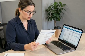 Femme consultant une fiche de paie au bureau pour comprendre son salaire net au Smic avec ou sans mutuelle d'entreprise en 2026