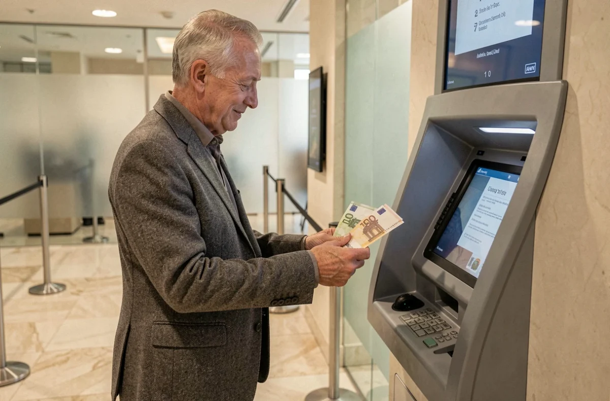 Homme senior retirant des billets en euros à un distributeur automatique à l'intérieur d'une agence bancaire moderne