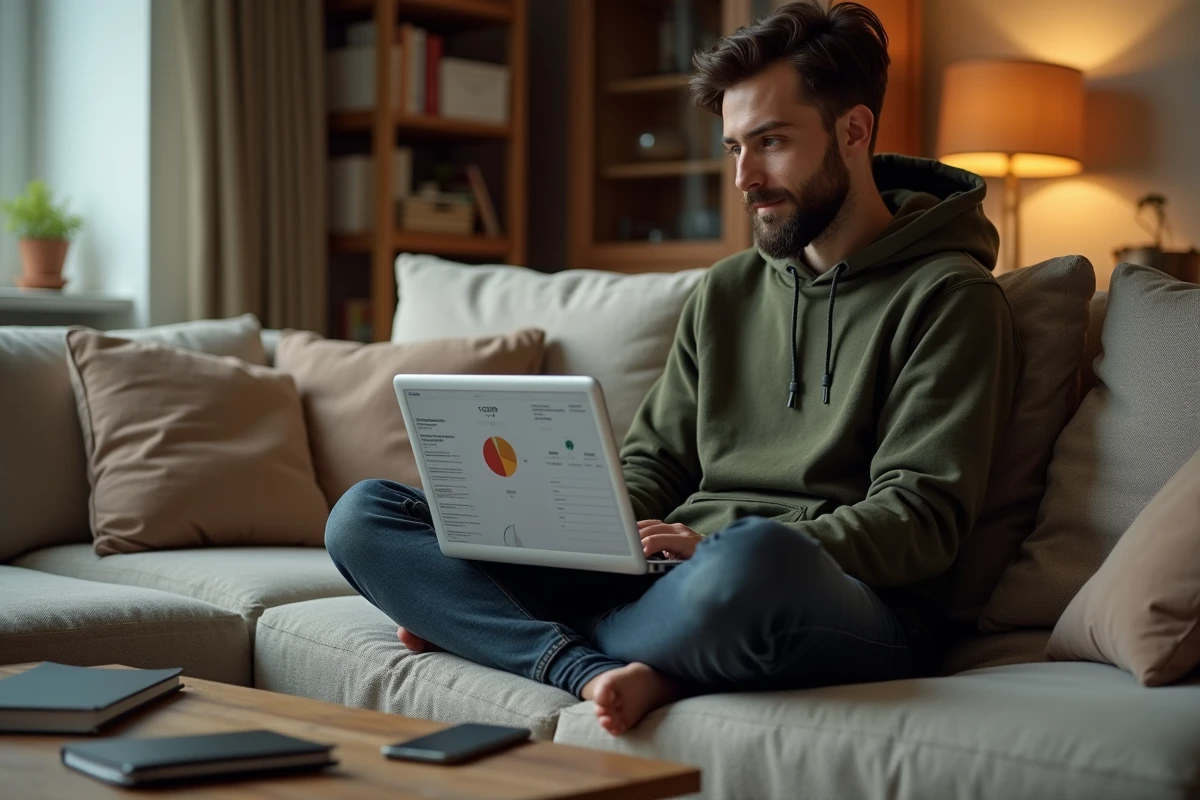 Jeune freelance utilisant un simulateur d'impôt sur le revenu sur un ordinateur portable depuis son salon, entouré de notes et documents fiscaux