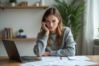 Freelance femme indépendante en train de calculer son impôt sur le revenu avec des documents fiscaux et un ordinateur portable sur un bureau en bois à domicile