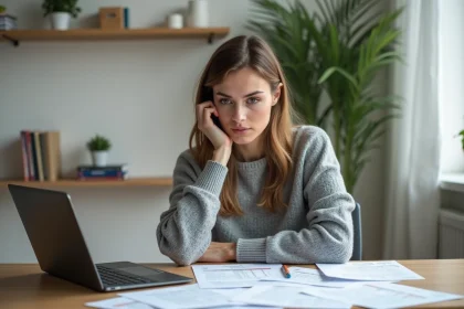 Freelance femme indépendante en train de calculer son impôt sur le revenu avec des documents fiscaux et un ordinateur portable sur un bureau en bois à domicile