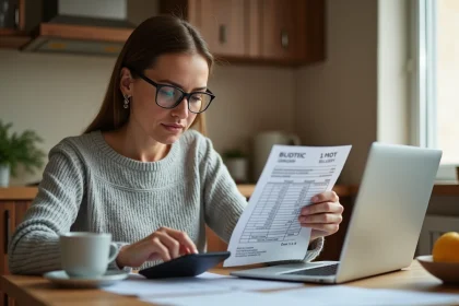 Femme consultant son budget courses sur ordinateur portable avec reçu Leclerc et calculatrice sur table en bois