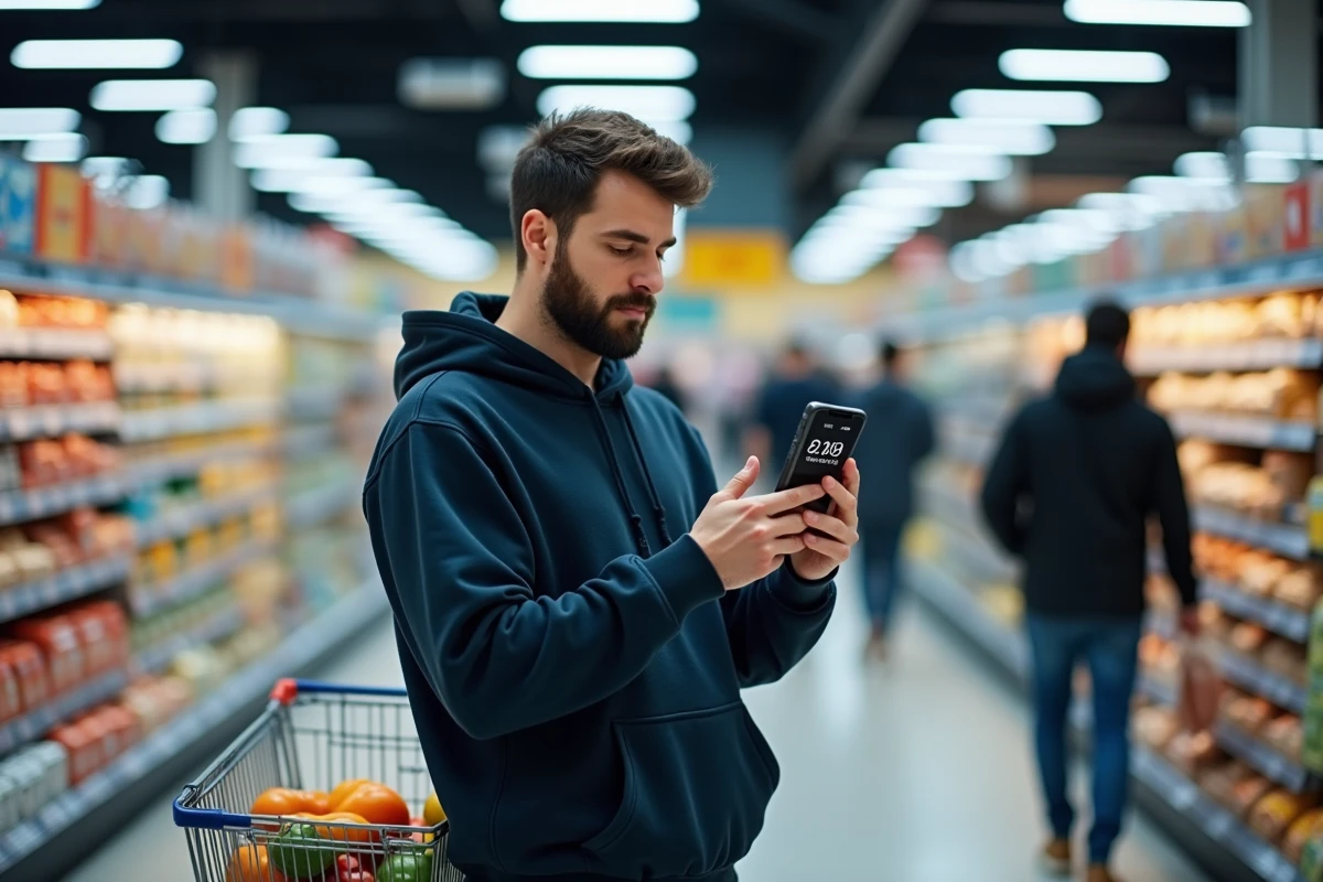 Homme consultant une simulation de budget chèques différés Leclerc sur smartphone dans un rayon de supermarché