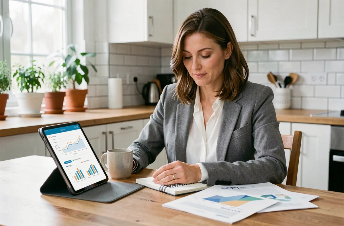Femme réalisant une simulation de fiscalité SCPI européenne sur tablette depuis son domicile