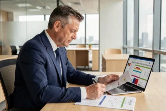 Conseiller financier analysant une simulation de fiscalité pour une SCPI européenne sur ordinateur portable au bureau