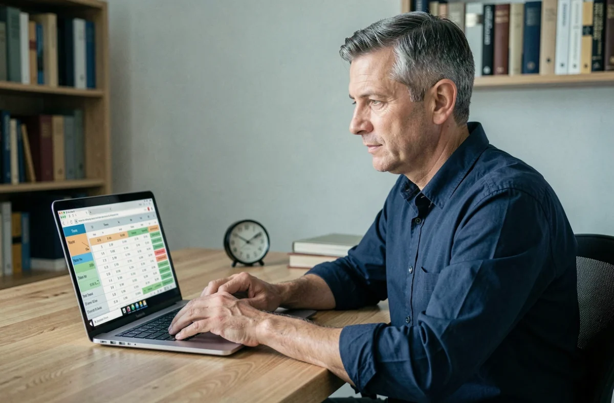Homme en télétravail utilisant un tableur pour suivre et convertir ses heures de travail en centièmes