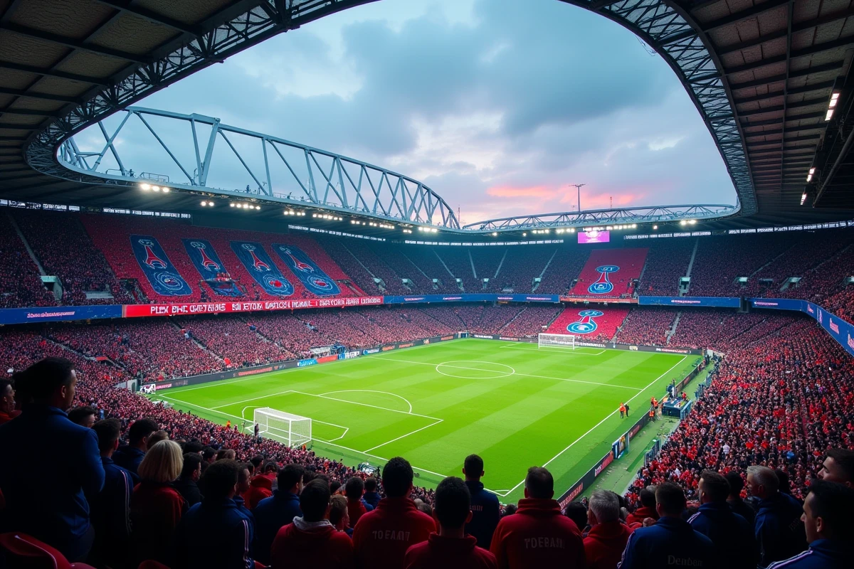 Supporters du PSG en liesse dans un stade de football moderne, illustrant la passion des fans pour le club et l'intérêt pour la fortune de Nasser Al-Khelaïfi