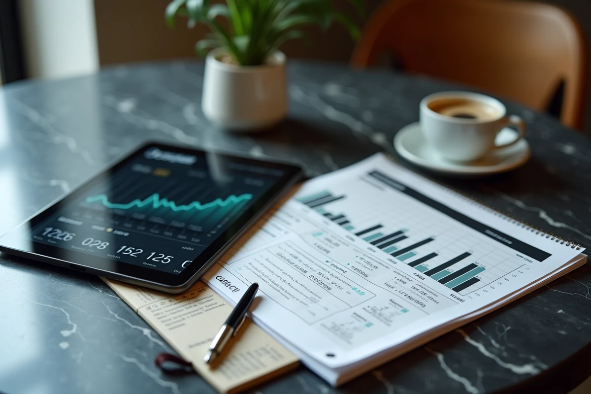 Tableau de bord de prévisions boursières 2026 affiché sur une tablette avec des notes manuscrites sur les dividendes et un magazine financier sur une table en marbre