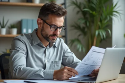 Homme consultant des documents financiers et un ordinateur portable pour transférer son PEA vers Boursorama