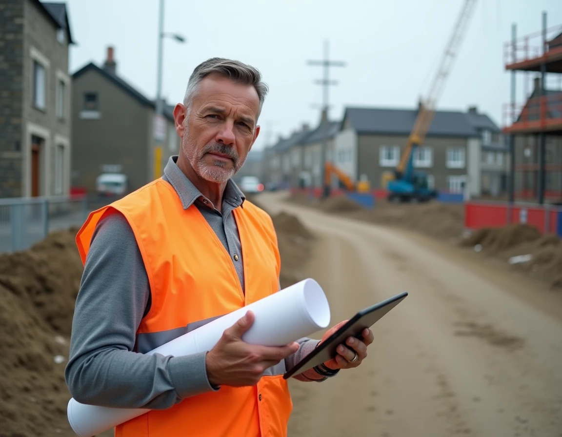Consultant Urban Aménagement sur un chantier de réhabilitation urbaine avec blueprints en main