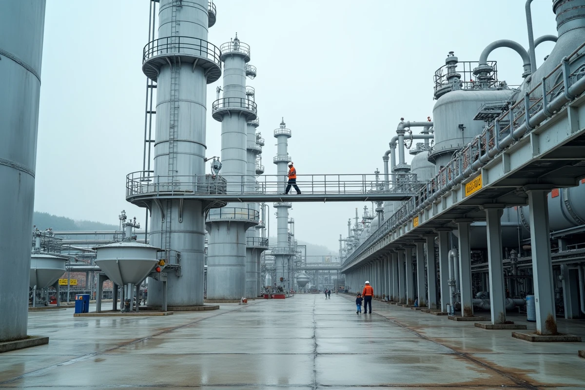 Usine de production de gaz industriel avec colonnes de distillation en acier et un opérateur sur une passerelle, illustrant l'infrastructure d'Air Liquide