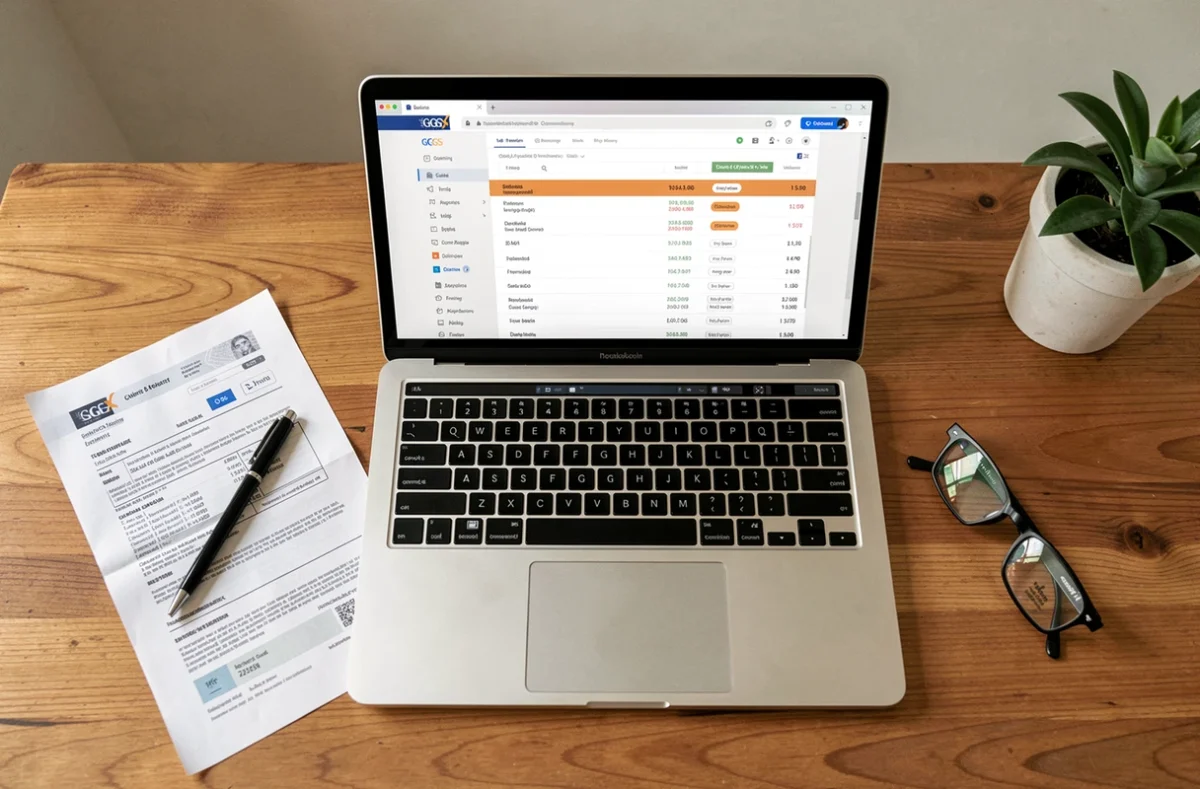 Vue aérienne d'un ordinateur portable affichant un historique de transactions bancaires avec un prélèvement SGS Automotive identifié